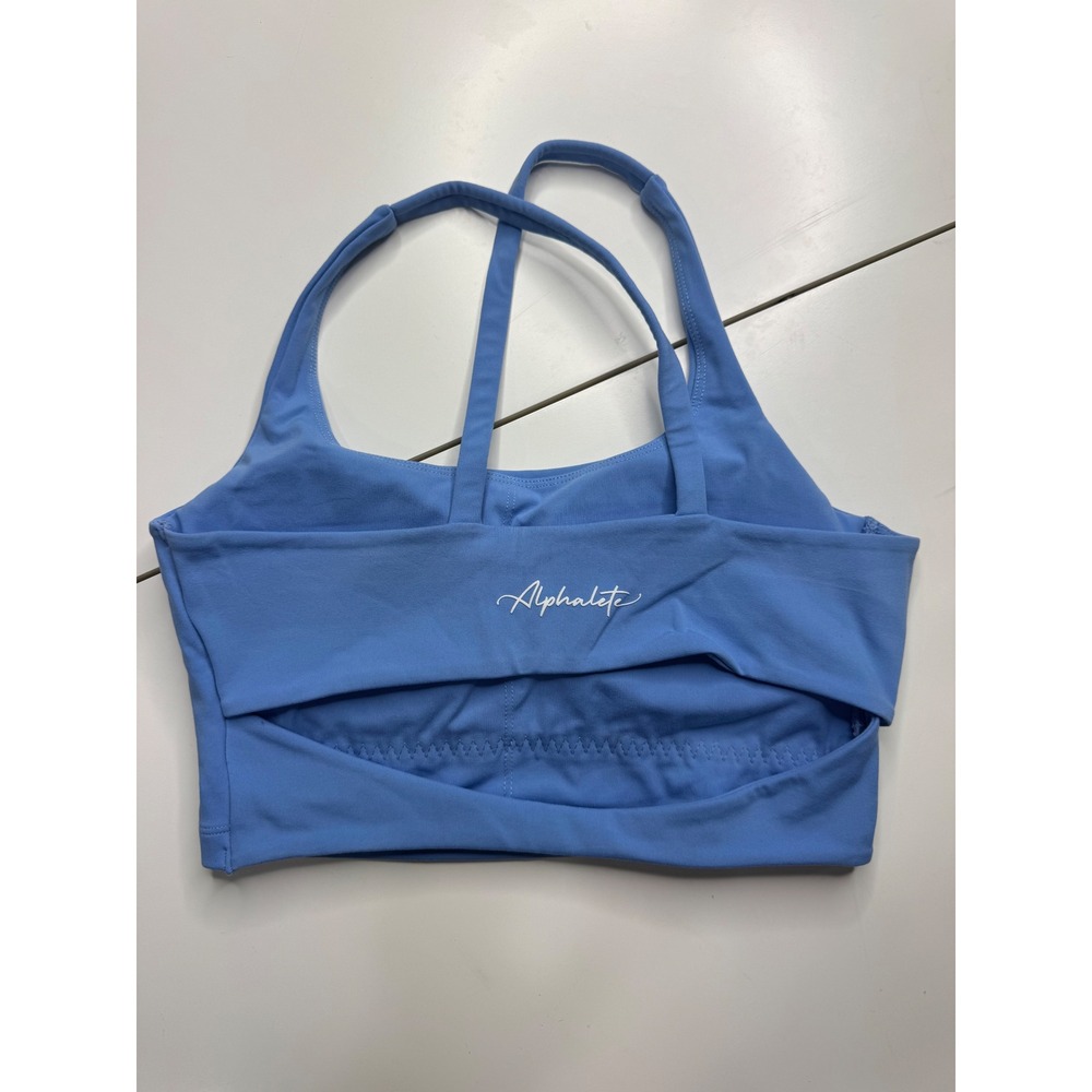 Alphalete Womens Blue Script Logo Layered Back Athletic Sports Bra Workout Top